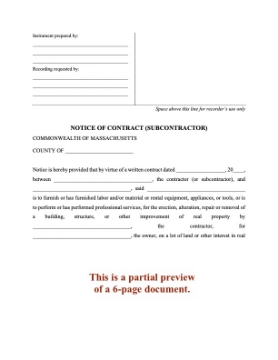 Massachusetts Notice of Contract - Subcontractor Massachusetts Notice of Contract - Subcontractor