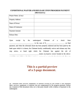 Minnesota Conditional Lien Waiver and Release on Progress Payment Minnesota Conditional Lien Waiver and Release on Progress Payment