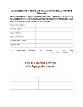 Minnesota Unconditional Lien Waiver and Release on Final Payment Minnesota Unconditional Lien Waiver and Release on Final Payment