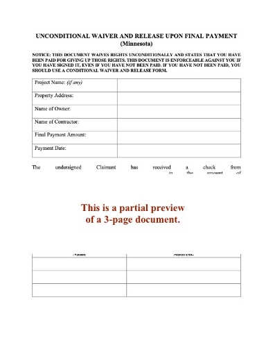 Minnesota Unconditional Lien Waiver and Release on Final Payment