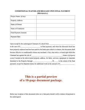 Minnesota Lien Waiver and Release Forms Package Minnesota Lien Waiver and Release Forms Package