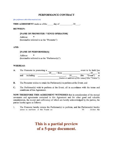 Performance Contract for Non-Musical Acts