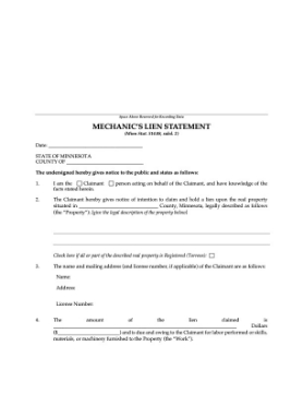 Minnesota Mechanics Lien Statement and Affidavit of Service Minnesota Mechanics Lien Statement and Affidavit of Service