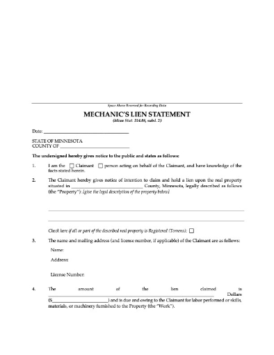 Minnesota Mechanics Lien Statement and Affidavit of Service