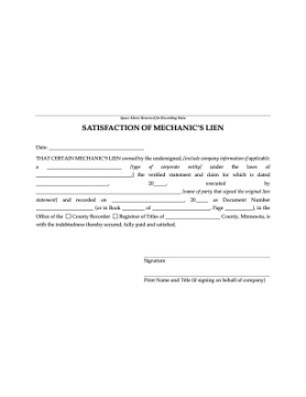 Minnesota Satisfaction of Mechanics Lien Minnesota Satisfaction of Mechanics Lien