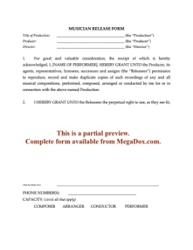 Musician Release Form for Film or TV Musician Release Form for Film or TV