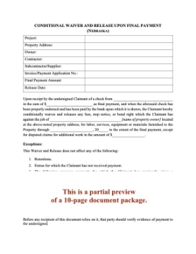 Nebraska Lien Waiver and Release Forms Package Nebraska Lien Waiver and Release Forms Package