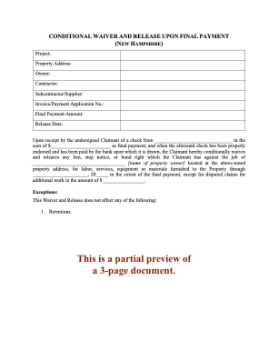 New Hampshire Conditional Lien Waiver and Release on Final Payment New Hampshire Conditional Lien Waiver and Release on Final Payment