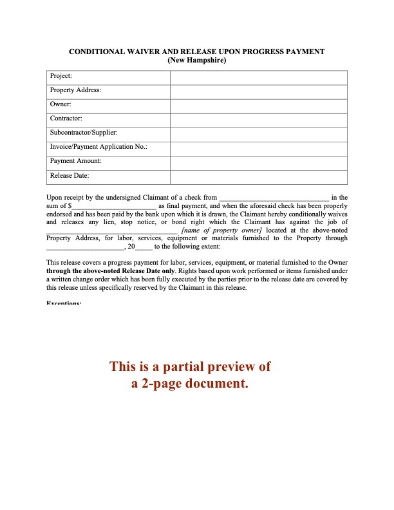 New Hampshire Conditional Lien Waiver and Release on Progress Payment