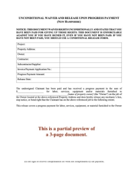 New Hampshire Unconditional Lien Waiver and Release on Progress Payment New Hampshire Unconditional Lien Waiver and Release on Progress Payment