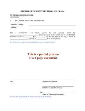 New Jersey Discharge of Construction Lien Claim New Jersey Discharge of Construction Lien Claim