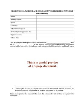 New Jersey Conditional Lien Waiver and Release on Progress Payment New Jersey Conditional Lien Waiver and Release on Progress Payment