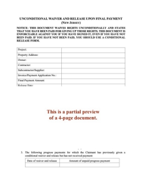 New Jersey Unconditional Lien Waiver and Release on Final Payment New Jersey Unconditional Lien Waiver and Release on Final Payment