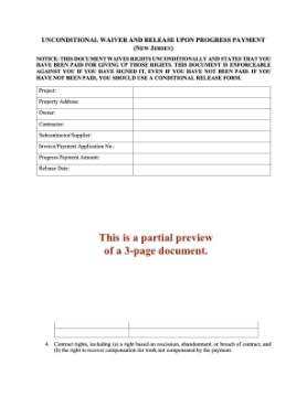 New Jersey Unconditional Lien Waiver and Release on Progress Payment New Jersey Unconditional Lien Waiver and Release on Progress Payment