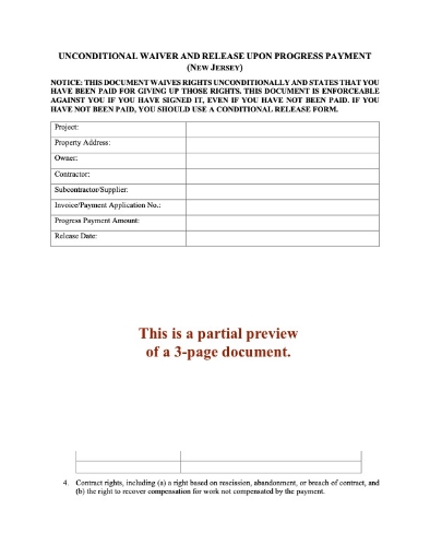 New Jersey Unconditional Lien Waiver and Release on Progress Payment