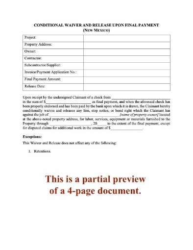 New Mexico Conditional Lien Waiver and Release on Final Payment