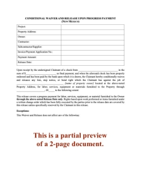 New Mexico Conditional Lien Waiver and Release on Progress Payment New Mexico Conditional Lien Waiver and Release on Progress Payment