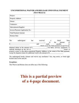 New Mexico Unconditional Lien Waiver and Release on Final Payment New Mexico Unconditional Lien Waiver and Release on Final Payment