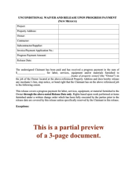 New Mexico Unconditional Lien Waiver and Release on Progress Payment New Mexico Unconditional Lien Waiver and Release on Progress Payment