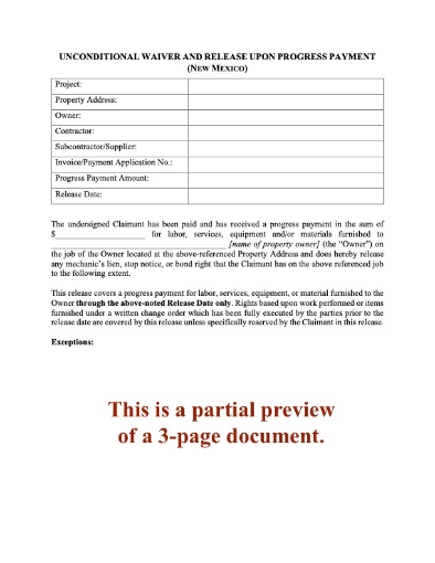 New Mexico Unconditional Lien Waiver and Release on Progress Payment