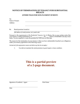 Alberta Notice of Termination of Tenancy for Substantial Breach Alberta Notice of Termination of Tenancy for Substantial Breach