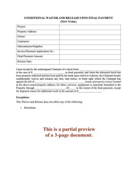 New York Conditional Lien Waiver and Release on Final Payment New York Conditional Lien Waiver and Release on Final Payment
