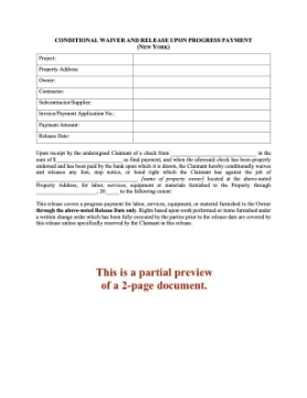 New York Conditional Lien Waiver and Release on Progress Payment New York Conditional Lien Waiver and Release on Progress Payment