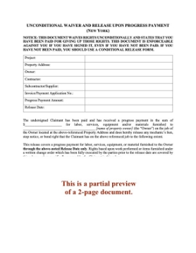 New York Unconditional Lien Waiver and Release on Progress Payment New York Unconditional Lien Waiver and Release on Progress Payment