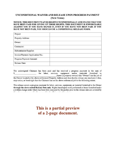 New York Unconditional Lien Waiver and Release on Progress Payment