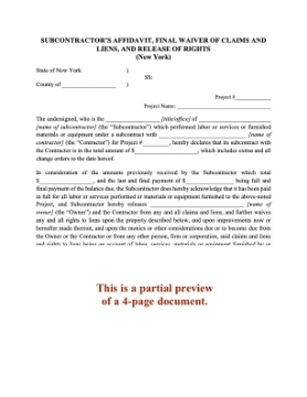 New York Subcontractor Affidavit, Final Lien Waiver and Release New York Subcontractor Affidavit, Final Lien Waiver and Release