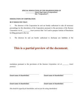 Canada Shareholders Resolution to Dissolve Corporation Canada Shareholders Resolution to Dissolve Corporation