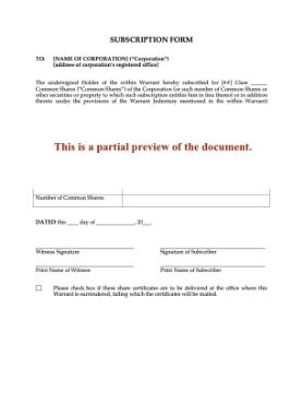 Canada Subscription Form for Warrant Shares Canada Subscription Form for Warrant Shares