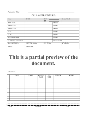 Cast and Crew Call Sheets for Film and TV Productions Cast and Crew Call Sheets for Film and TV Productions