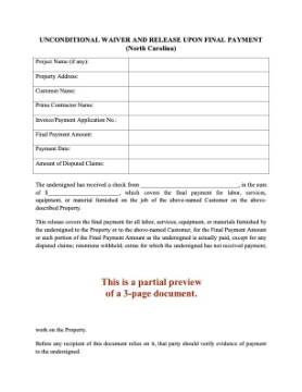 North Carolina Unconditional Lien Waiver and Release on Final Payment North Carolina Unconditional Lien Waiver and Release on Final Payment