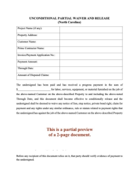 North Carolina Unconditional Partial Lien Waiver and Release (Progress Payment) North Carolina Unconditional Partial Lien Waiver and Release (Progress Payment)