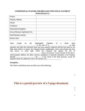 North Dakota Conditional Lien Waiver and Release on Final Payment North Dakota Conditional Lien Waiver and Release on Final Payment