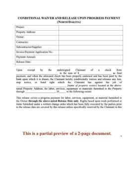 North Dakota Conditional Lien Waiver and Release on Progress Payment North Dakota Conditional Lien Waiver and Release on Progress Payment
