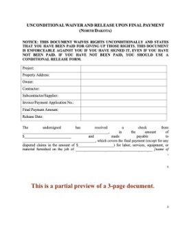 North Dakota Unconditional Lien Waiver and Release on Final Payment North Dakota Unconditional Lien Waiver and Release on Final Payment