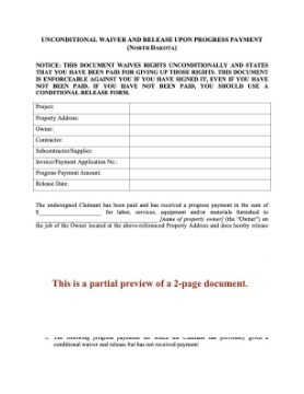 North Dakota Unconditional Lien Waiver and Release on Progress Payment North Dakota Unconditional Lien Waiver and Release on Progress Payment