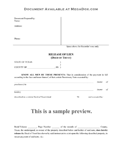 Texas Release of Deed of Trust Form