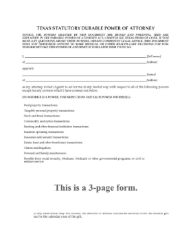Texas Statutory Durable Power of Attorney Texas Statutory Durable Power of Attorney