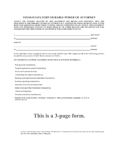 Texas Statutory Durable Power of Attorney