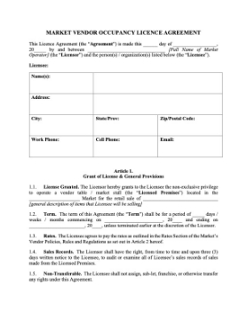 Market Vendor Occupancy License Agreement Market Vendor Occupancy License Agreement