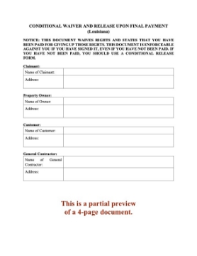 Louisiana Conditional Lien Waiver and Release on Final Payment Louisiana Conditional Lien Waiver and Release on Final Payment