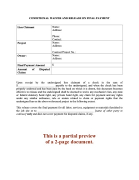 Pennsylvania Conditional Lien Waiver and Release on Final Payment Pennsylvania Conditional Lien Waiver and Release on Final Payment