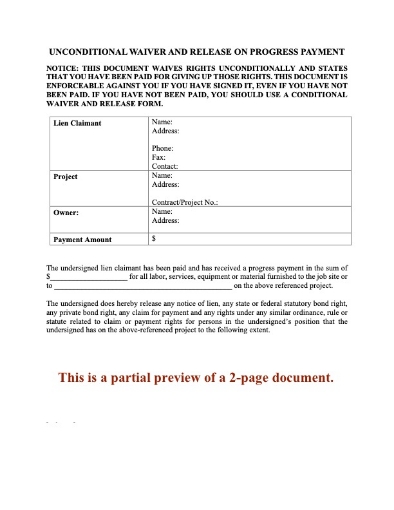 Oregon Unconditional Lien Waiver and Release - Progress Payment