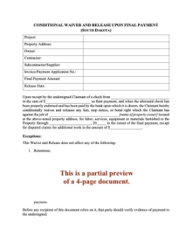 Show details for South Dakota Conditional Lien Waiver and Release - Final Payment Picture of South Dakota Conditional Lien Waiver and Release - Final Payment