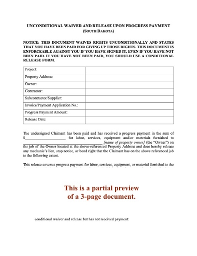 South Dakota Unconditional Lien Waiver and Release - Progress Payment