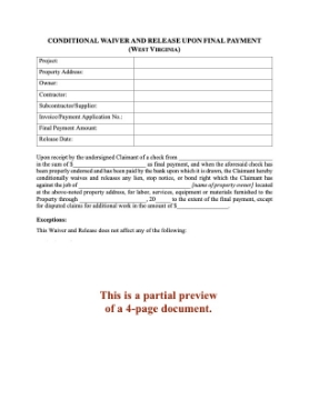 West Virginia Conditional Lien Waiver and Release on Final Payment West Virginia Conditional Lien Waiver and Release on Final Payment