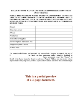 West Virginia Unconditional Lien Waiver and Release on Progress Payment West Virginia Unconditional Lien Waiver and Release on Progress Payment